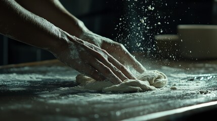 Hands Kneading Dough with Flour in the Air
