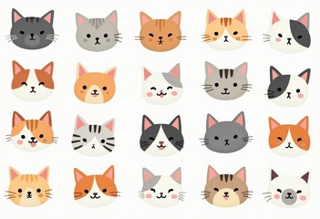 Charming Pastel Cat Face Stamp Design: A Seamless Pattern on White Paper, Detailed and Cute, Ideal for Children's Products, Gift Wrapping, and Animal Lovers' Decor.


