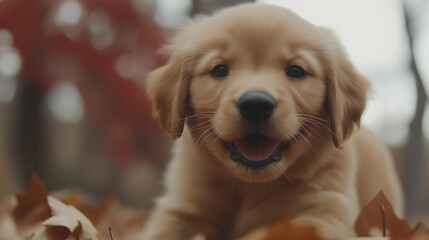 Playful Puppy in Autumn Leaves

