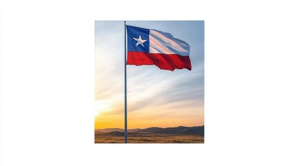 Texas Flag Waving in Wind Against Sunset Landscape with Dramatic Lighting