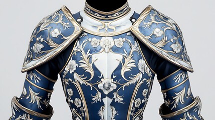 Elegant Blue and Gold Ornate Plate Armor: A 3D Render AI Generated