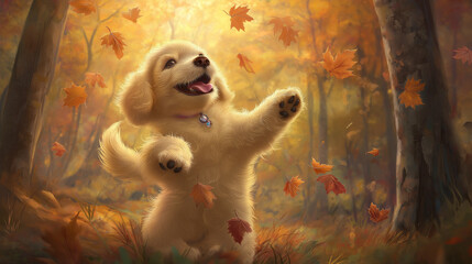 Happy Puppy Playing in Autumn Leaves
