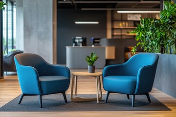 Modern office lounge area with comfortable seating, plants, and a reception desk