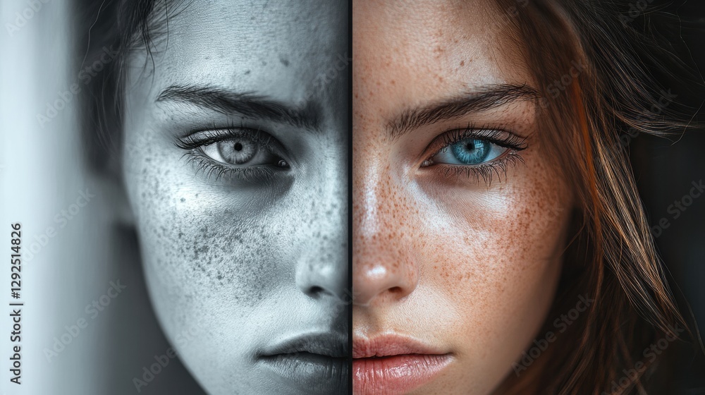 Fototapete mood transformation depicted through grayscale sadness to vibrant expression captured in contrasting
