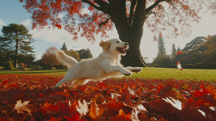 Golden Retriever Leaping Through Autumn Leaves
