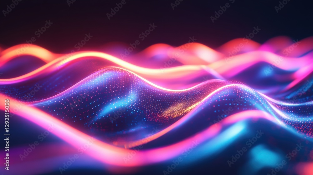 Poster abstract representation of colorful light waves undulating in a dark space, suggesting motion and en