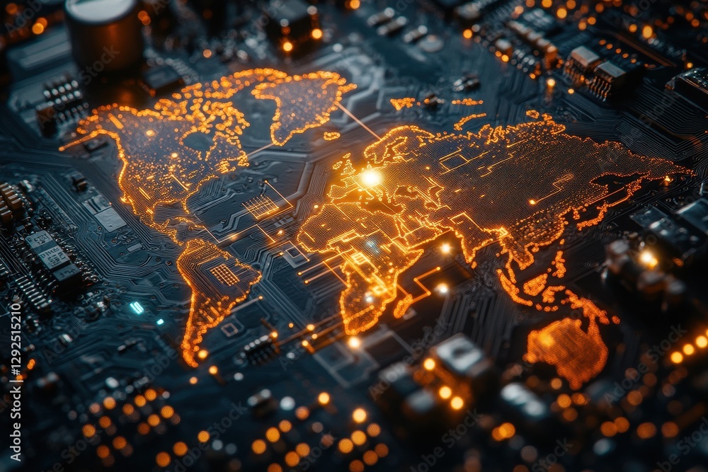 Wall mural glowing digital world map on circuit board representing global connectivity and advanced technology