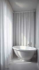 Elegant White Bathtub Surrounded by Soft Curtains in Modern Bathroom Creating a Cozy Relaxing Atmosphere