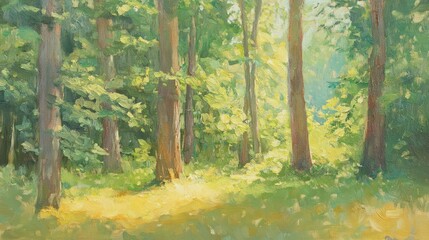 Obraz premium Expressive Oil Painting of a Dense Forest with Sunlight Filtering Through Tall Trees and Lush Green Foliage