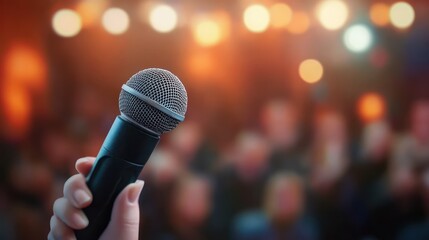 Close Up Microphone in Hand on Stage with Audience Background