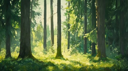 Expressive Oil Painting of a Dense Forest with Sunlight Filtering Through Tall Trees and Lush Green Foliage