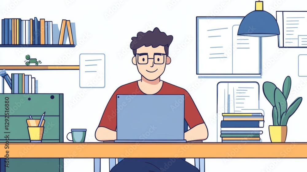 Poster man working on laptop in modern office, focused on programming and software development with code di