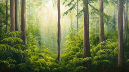 Expressive Oil Painting of a Dense Forest with Sunlight Filtering Through Tall Trees and Lush Green Foliage