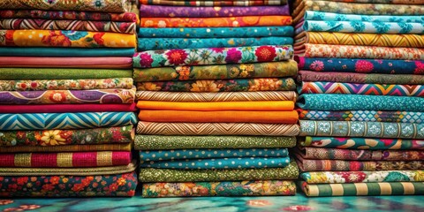 A vibrant collection of neatly stacked colorful fabrics showcasing an array of patterns and textures, ideal for textile design and craft projects