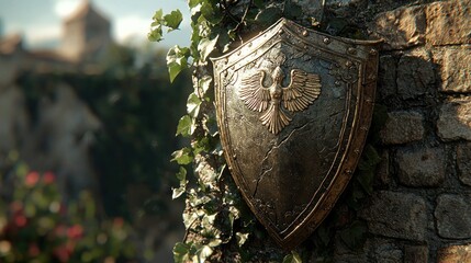 Fototapeta premium Ancient Shield on Stone Wall, Italian Town Background