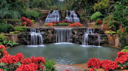 Serene Waterfall Garden with Red Flowers and Lush Greenery