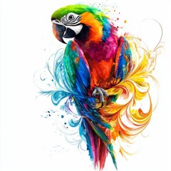 Obraz premium Vibrant Colorful Parrot with Abstract Swirls and Splashes of Paint in Bright Tones against a White Background