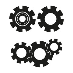 Black gear icons. Industrial cogwheels set. Machinery engineering symbol. Rotating mechanical parts.