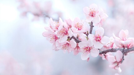 Obraz premium Delicate Pink Blossoms on Branch, Springtime Bloom, Soft Light, Natural Beauty
