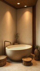 Relaxing Bathroom Scene Featuring Elegant Bathtub Surrounded by Green Plant for Tranquil Atmosphere