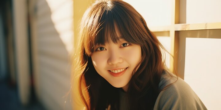 nostalgia retro vintage pretty young Asian woman at garden with bright sunlight, warm tone color 