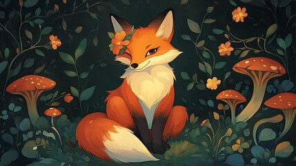 Fototapeta premium Charming Fox in Enchanting Forest Digital Painting AI Generated
