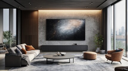 Modern Living Room Interior Design with Abstract Artwork and City View