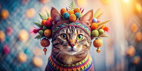 A Tabby Cat Adorned with a Vibrant, Handcrafted Headpiece of Colorful Pom-Poms and Floral Accents, Posing Against a Soft-Focus Background