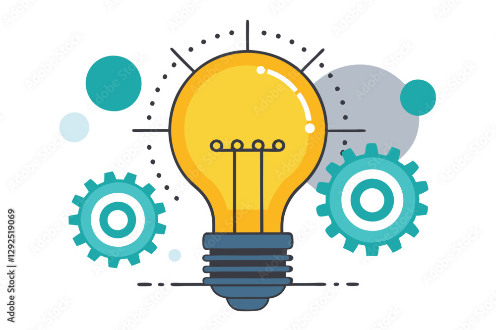 Poster innovative light bulb design with gears and dots representing ideas and technology integration