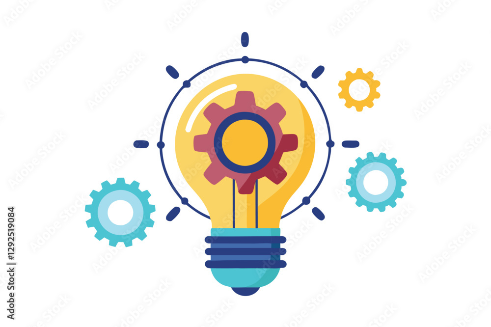 Poster innovative light bulb design with gears and dots representing ideas and technology integration