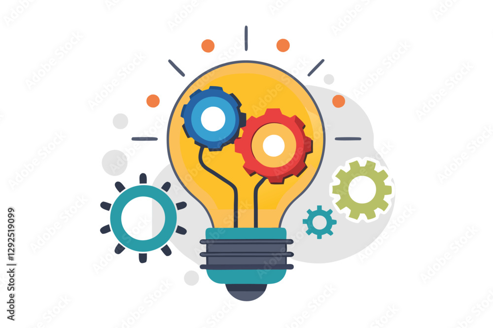 Poster innovative light bulb design with gears and dots representing ideas and technology integration