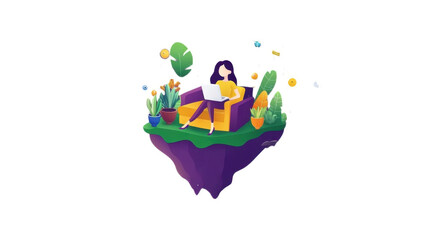 woman sitting on couch, working on laptop surrounded by plants and flowers, creating serene and productive atmosphere