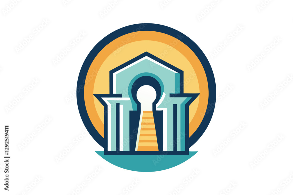 Poster Modern architectural design featuring a stylized keyhole and geometric shapes representing security and innovation in a vibrant color palette