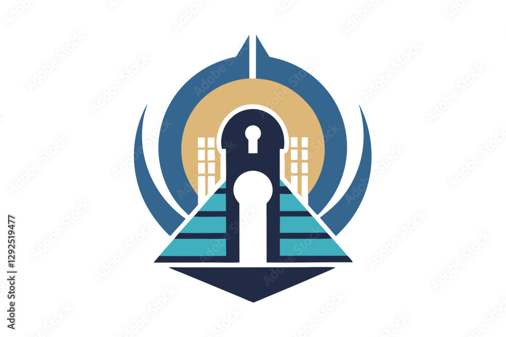 Poster Modern architectural design featuring a stylized keyhole and geometric shapes representing security and innovation in a vibrant color palette
