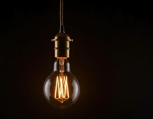 A glowing filament lightbulb against a dark background. Warm light contrasts with shadows, highlighting its vintage design. A simple, striking composition with an atmospheric feel.