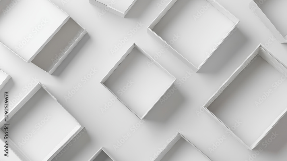 Aufkleber 3d mockup of open white boxes top view. square and rectangle cardboard packages showcasing lids and 