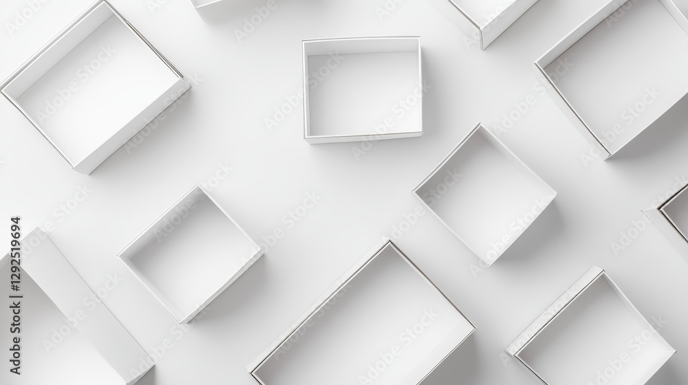 Aufkleber 3d mockup of open white boxes top view. square and rectangle cardboard packages showcasing lids and 