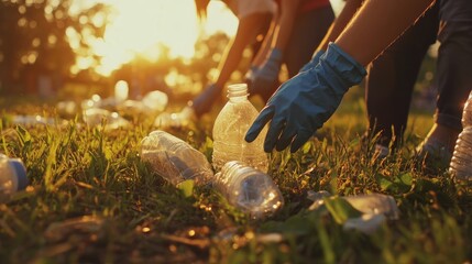 Volunteer Picking Up Plastic Bottles in a Park