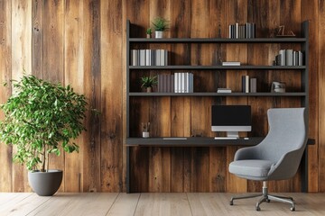 Modern Workspace with Bookshelf and Chair