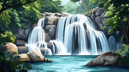 Serene Waterfall in Lush Green Forest