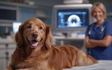A veterinarian is getting a happy golden retriever ready for an MRI scan. The caring environment is designed for animal healthcare and diagnostic imaging, focusing on the dog's well-being
