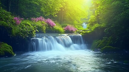 Serene Waterfall in Lush Green Forest with Pink Flowers