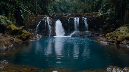 Serene Waterfall in Lush Tropical Forest