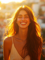 Smiling Woman in Sunlit Portrait
