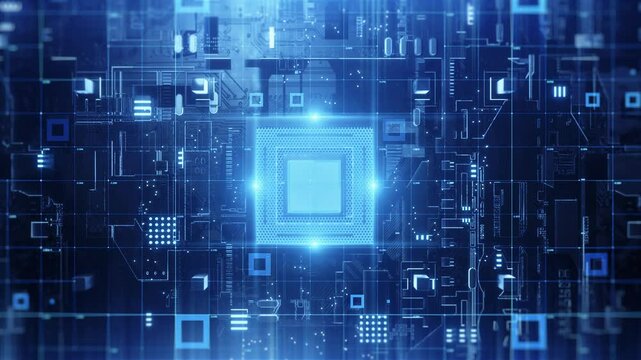 High-tech chip animation, display of the internal structure of the motherboard processor, microscopic display of the current on the circuit board, CPU 3D rendering concept animation.
