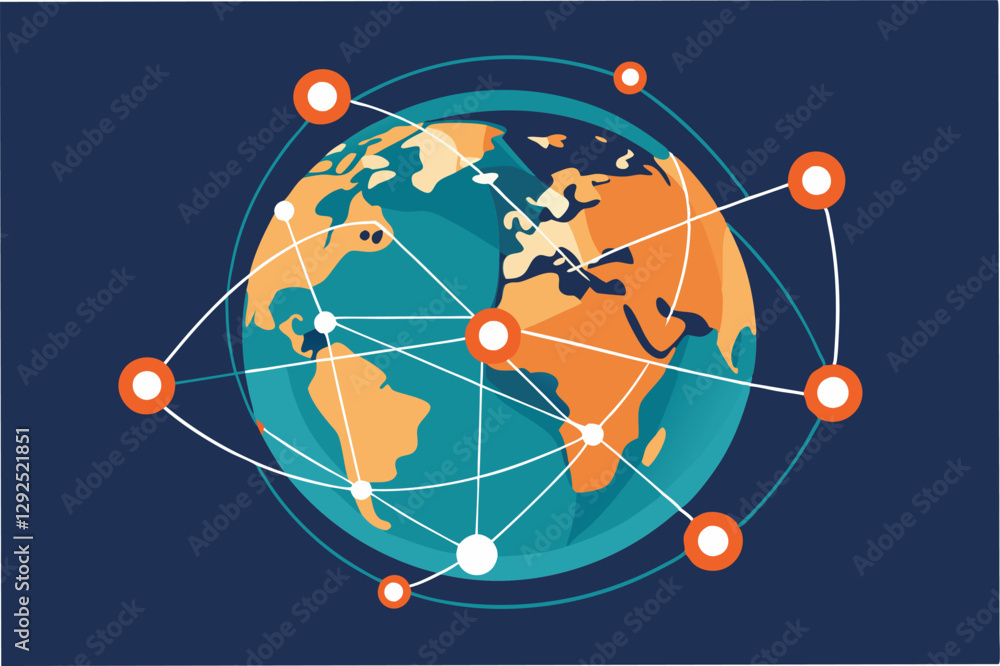 Poster visual representation of global connectivity through technology highlighting diverse continents and 