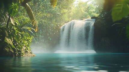 Serene Waterfall in Lush Tropical Jungle
