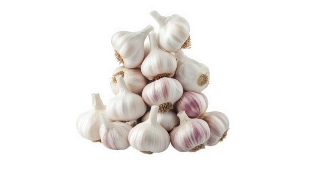stack of garlic bulbs. showcasing their papery white skins and distinct purple hues the arrangement highlights the natural texture and shape of the garlic. emphasizing its culinary significance and ae