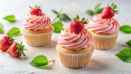 Three delightful strawberry cupcakes with pink frosting and fresh berries, arranged artfully on a light textured surface, adorned with vibrant green leaves.