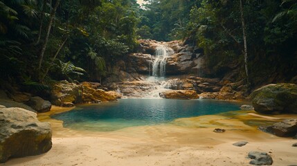 Serene Waterfall in Lush Tropical Jungle